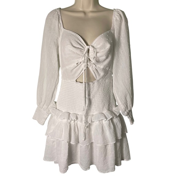 ASTR The Label Dresses & Skirts - ASTR The Label Marietta Dress Size L White Swiss Dot Smocked Tiered Ruffle Mini